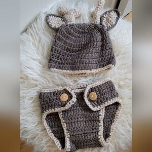 Crochet Deer Hat and Diaper Cover Set - Brown and Cream